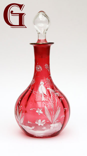 cranberry glass Mary Gregory decanter bird